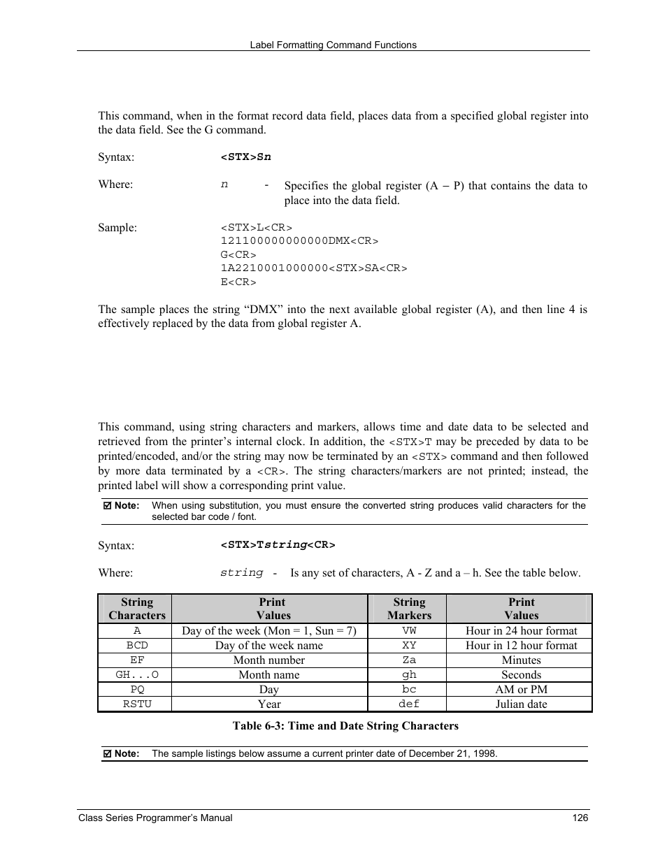 Stx s recall global data and place in field, Stx t print time and date | Datamax-O'Neil Class Series Programmer’s Manual User Manual | Page 140 / 300