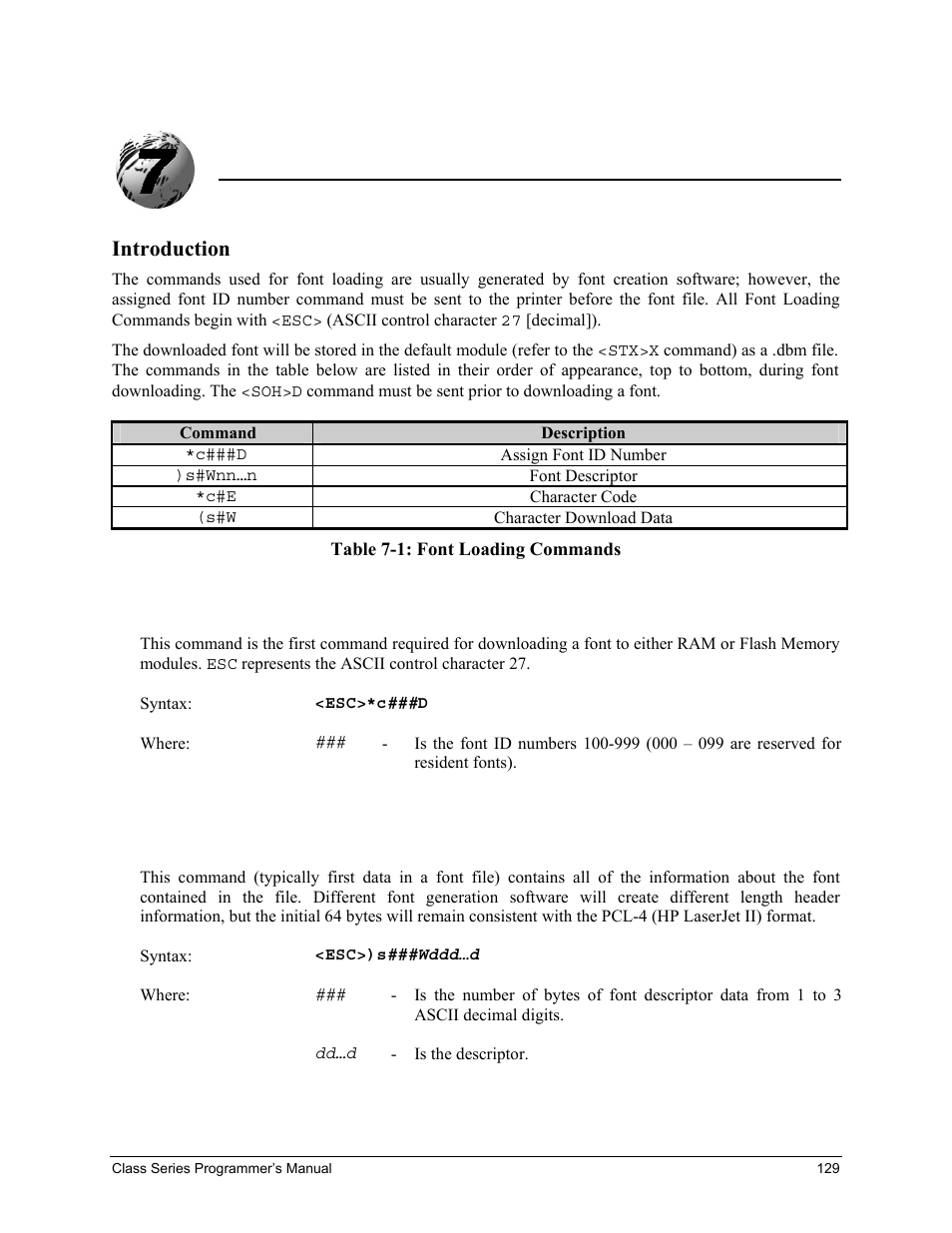 Font loading command functions, Introduction, C###d assign font id number | S###w font descriptor | Datamax-O'Neil Class Series Programmer’s Manual User Manual | Page 143 / 300