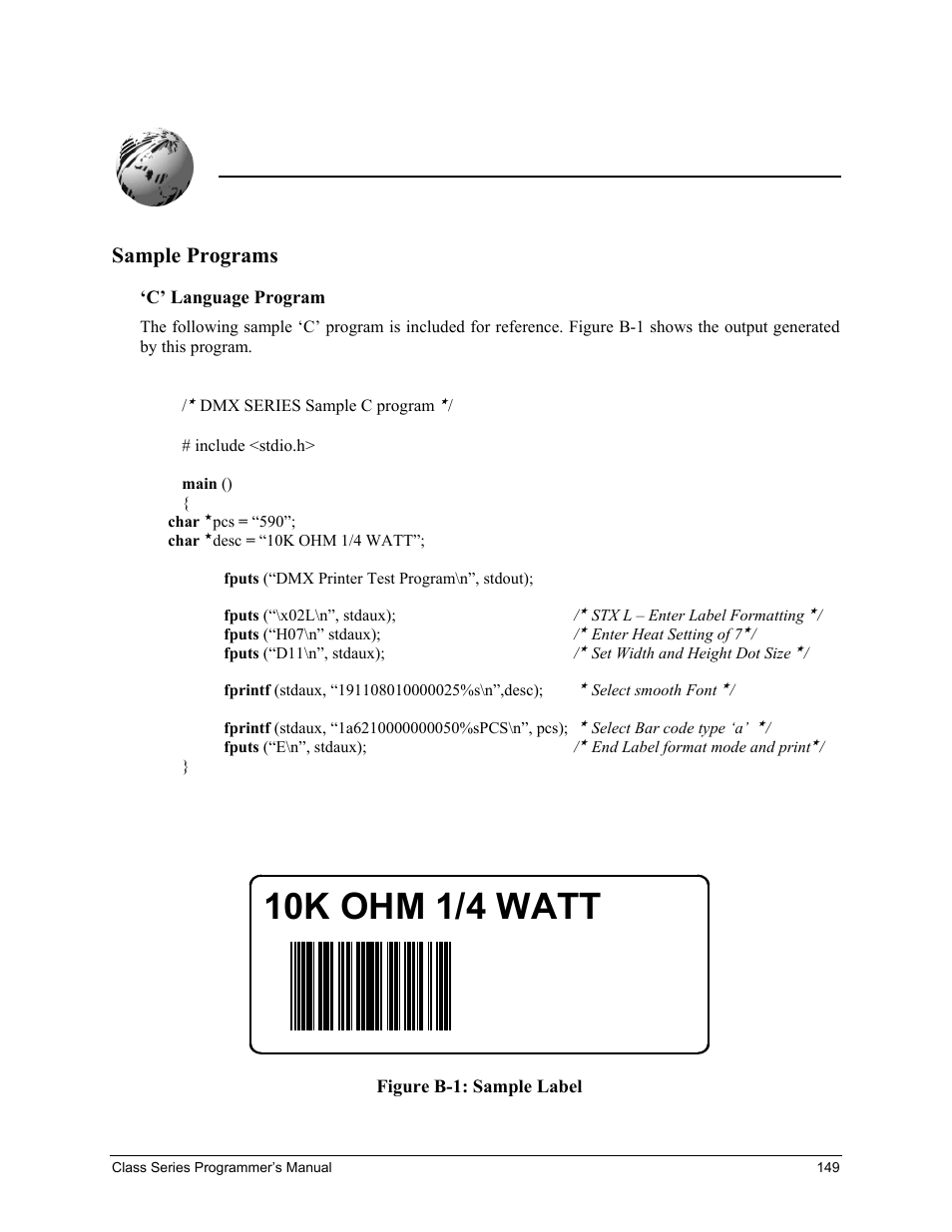 10k ohm 1/4 watt, Appendix b, Sample programs | Datamax-O'Neil Class Series Programmer’s Manual User Manual | Page 163 / 300