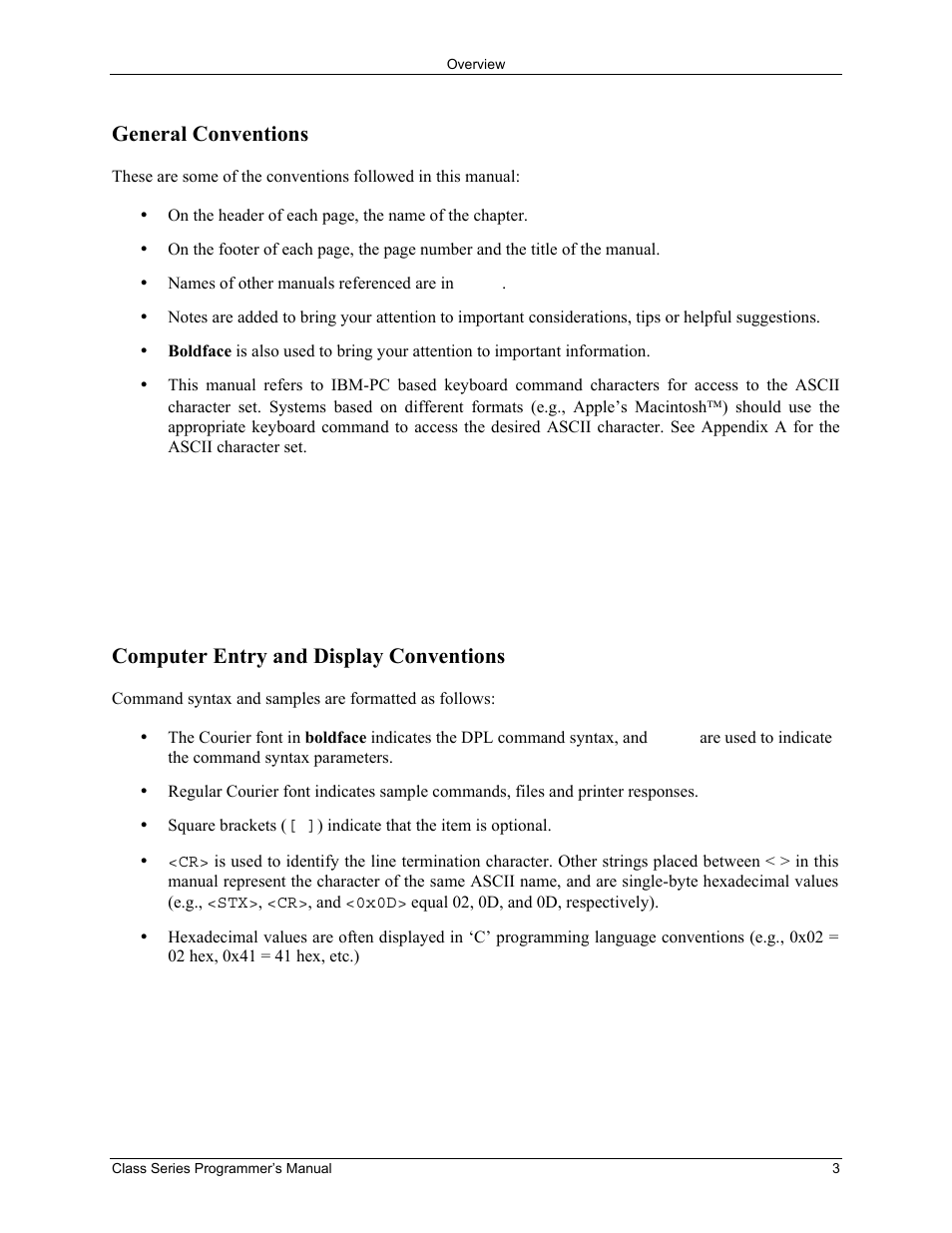 General conventions, Computer entry and display conventions | Datamax-O'Neil Class Series Programmer’s Manual User Manual | Page 17 / 300