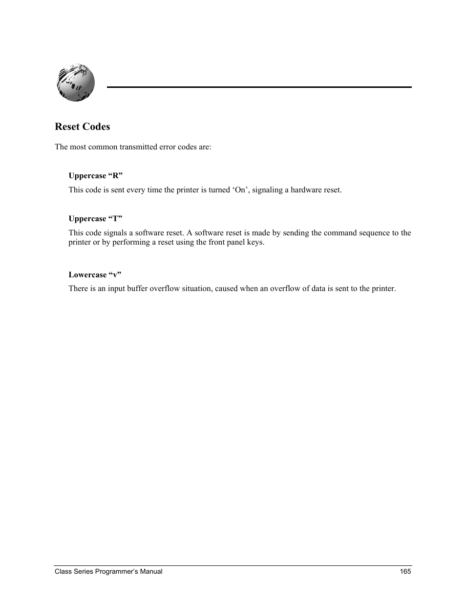 Appendix d, Reset codes | Datamax-O'Neil Class Series Programmer’s Manual User Manual | Page 179 / 300