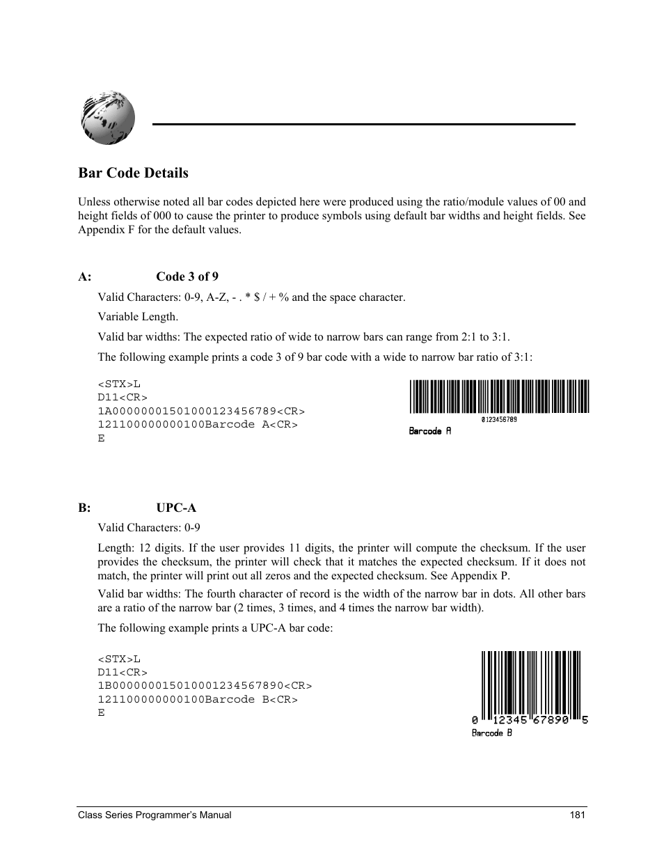 Appendix g, Bar code details | Datamax-O'Neil Class Series Programmer’s Manual User Manual | Page 195 / 300