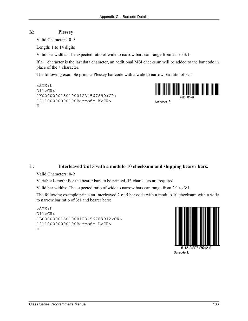 K : plessey, Valid characters: 0-9, Length: 1 to 14 digits | Datamax-O'Neil Class Series Programmer’s Manual User Manual | Page 200 / 300
