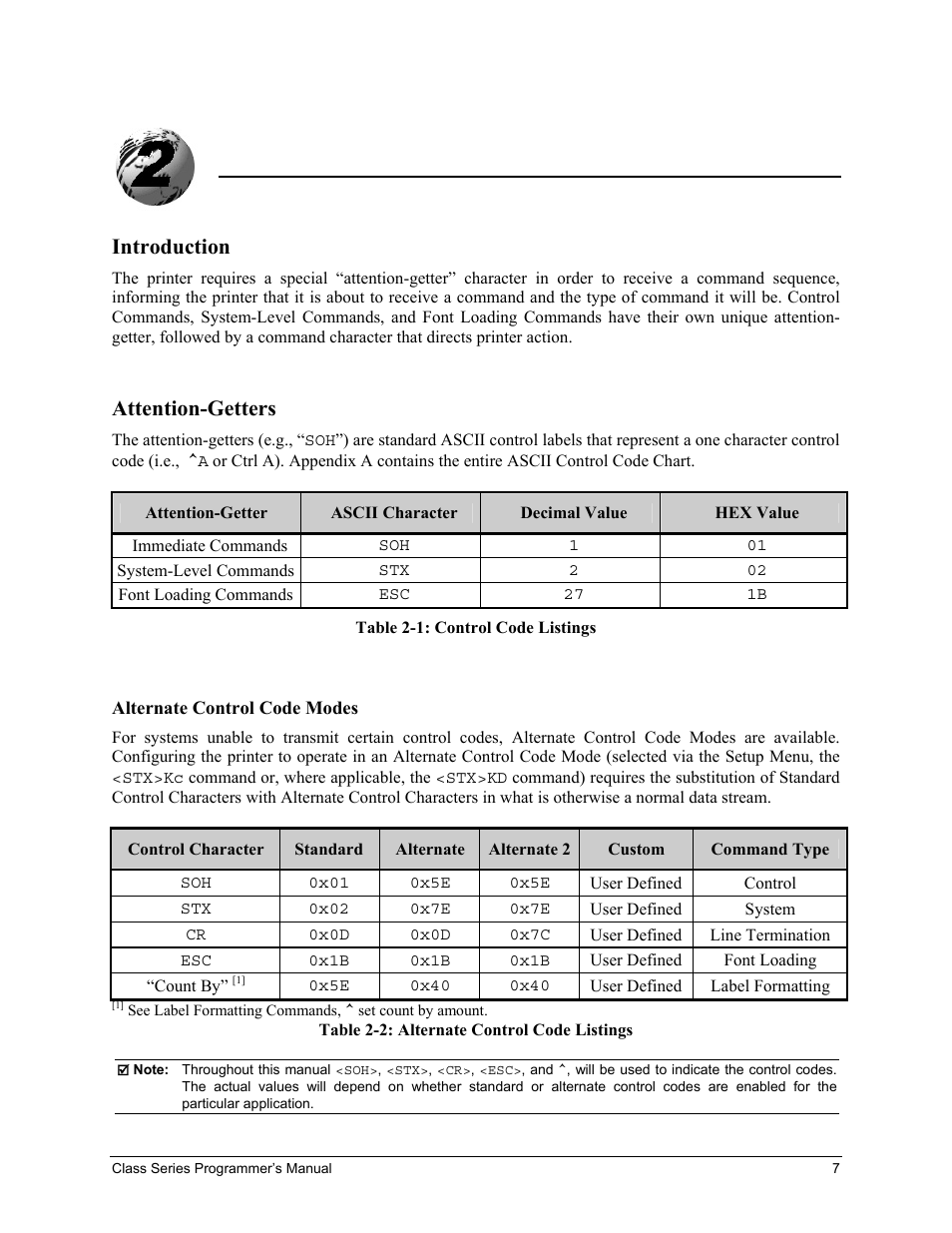 Control code command functions, Introduction, Attention-getters | Datamax-O'Neil Class Series Programmer’s Manual User Manual | Page 21 / 300