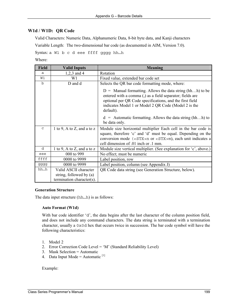 W1d / w1d: qr code | Datamax-O'Neil Class Series Programmer’s Manual User Manual | Page 213 / 300