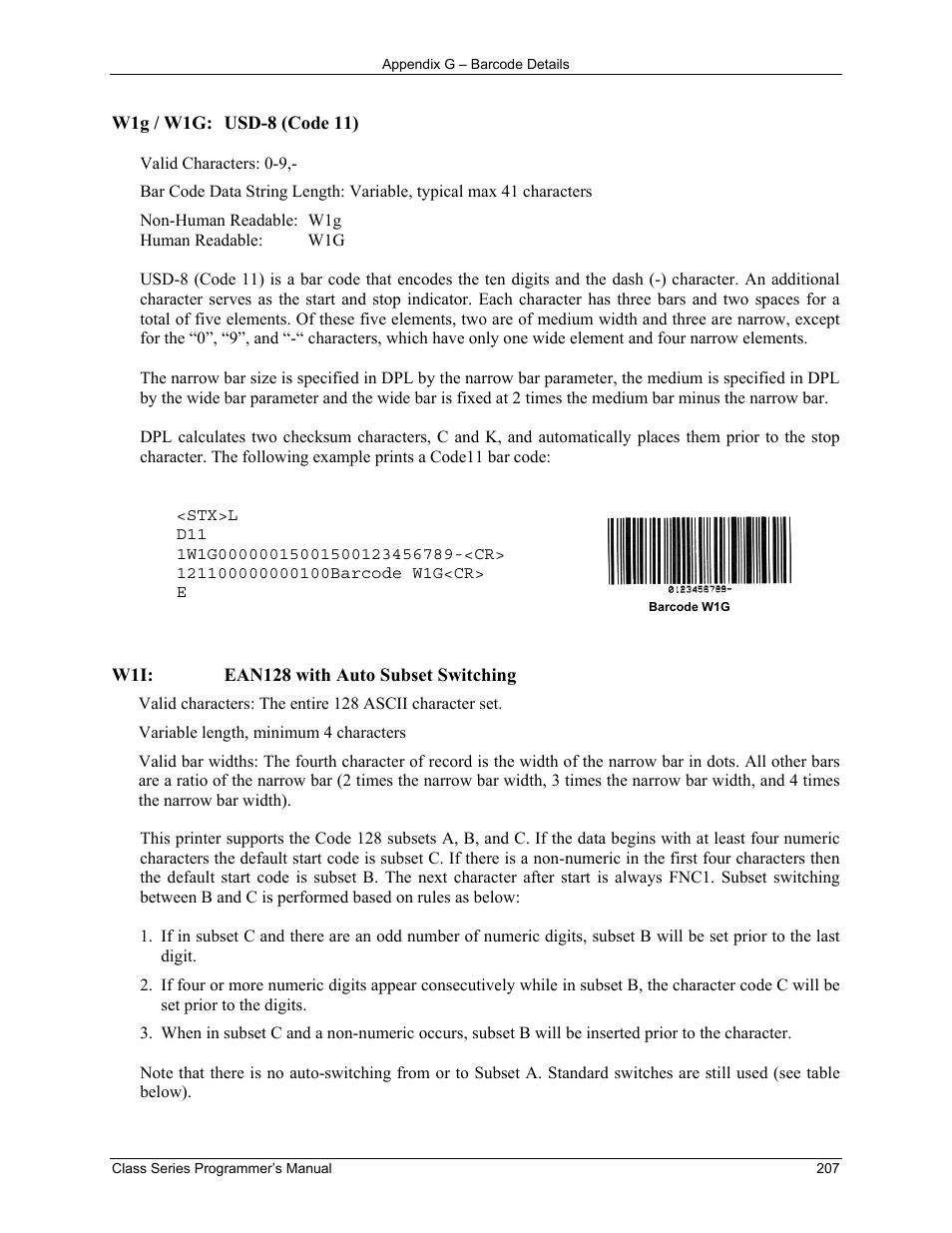 W1i: ean128 with auto subset switching | Datamax-O'Neil Class Series Programmer’s Manual User Manual | Page 221 / 300