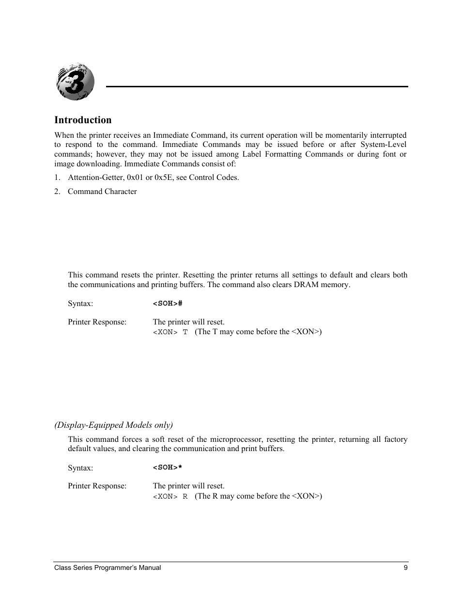 Immediate command functions, Introduction, Soh # reset | Soh * reset | Datamax-O'Neil Class Series Programmer’s Manual User Manual | Page 23 / 300
