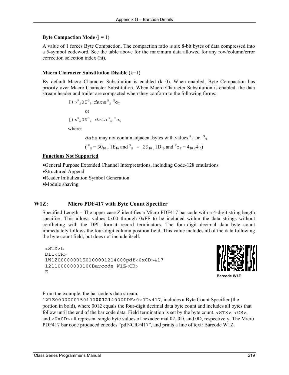 W1z: micro pdf417 with byte count specifier | Datamax-O'Neil Class Series Programmer’s Manual User Manual | Page 233 / 300
