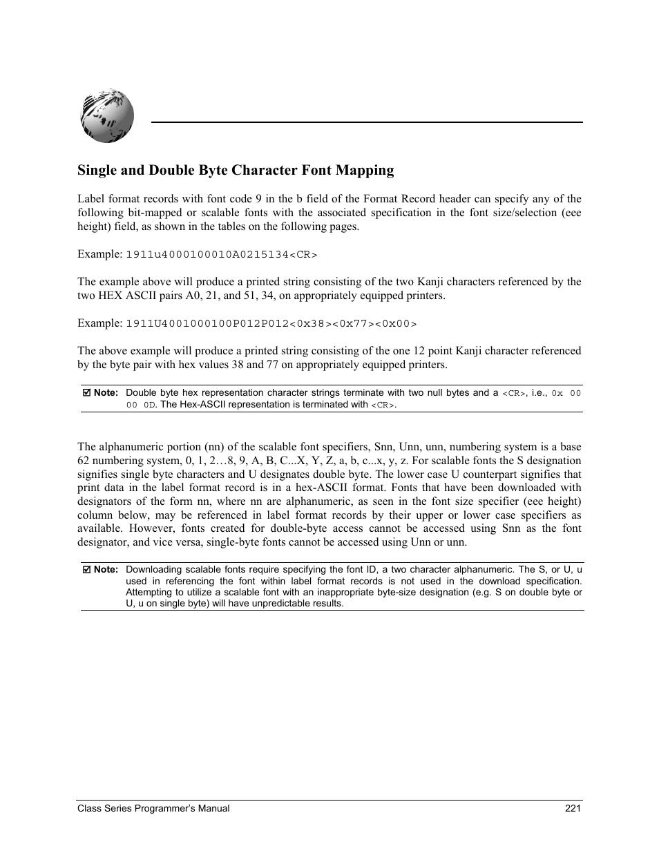 Appendix h, Single and double byte character font mapping | Datamax-O'Neil Class Series Programmer’s Manual User Manual | Page 235 / 300