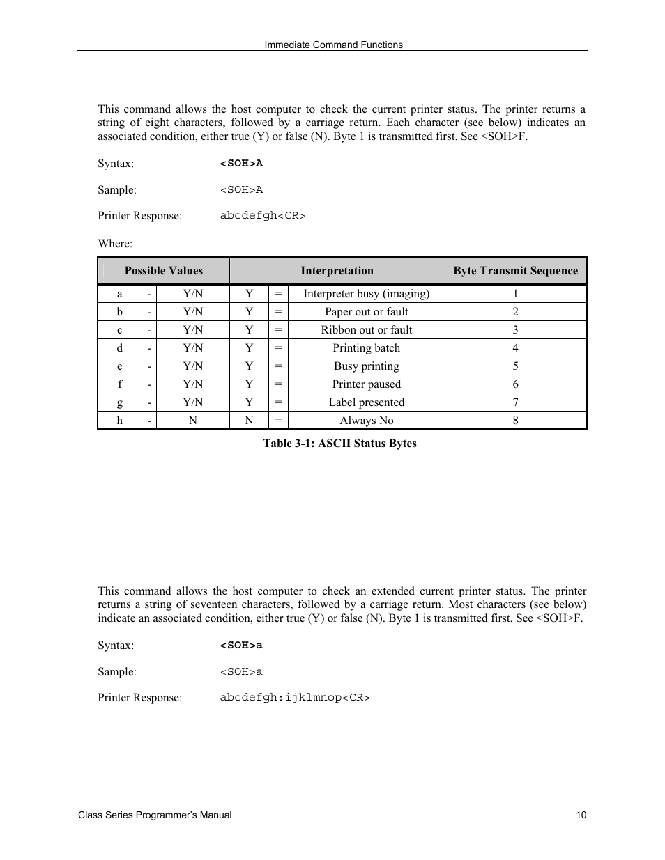 Soh a send ascii status string, Soh a send ascii extended status string | Datamax-O'Neil Class Series Programmer’s Manual User Manual | Page 24 / 300