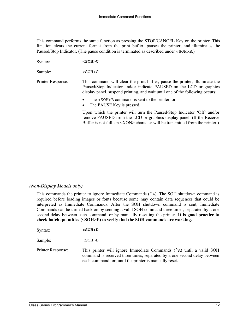Soh c stop/cancel, Soh d soh shutdown | Datamax-O'Neil Class Series Programmer’s Manual User Manual | Page 26 / 300
