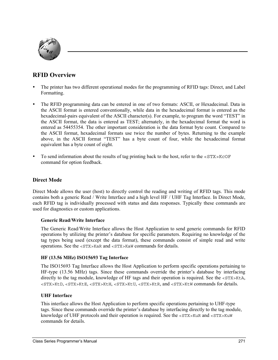 Appendix t, Rfid overview | Datamax-O'Neil Class Series Programmer’s Manual User Manual | Page 285 / 300