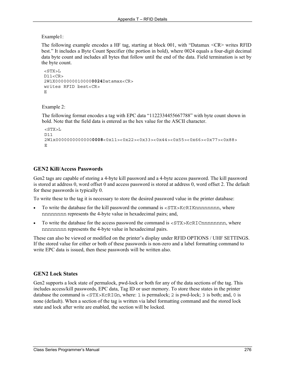 Gen2 kill/access passwords, Gen2 lock states | Datamax-O'Neil Class Series Programmer’s Manual User Manual | Page 290 / 300