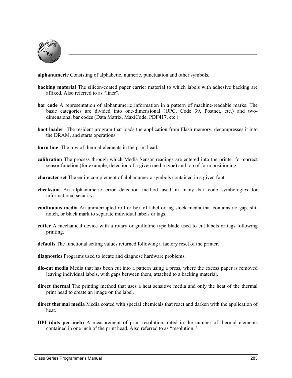 Glossary | Datamax-O'Neil Class Series Programmer’s Manual User Manual | Page 297 / 300