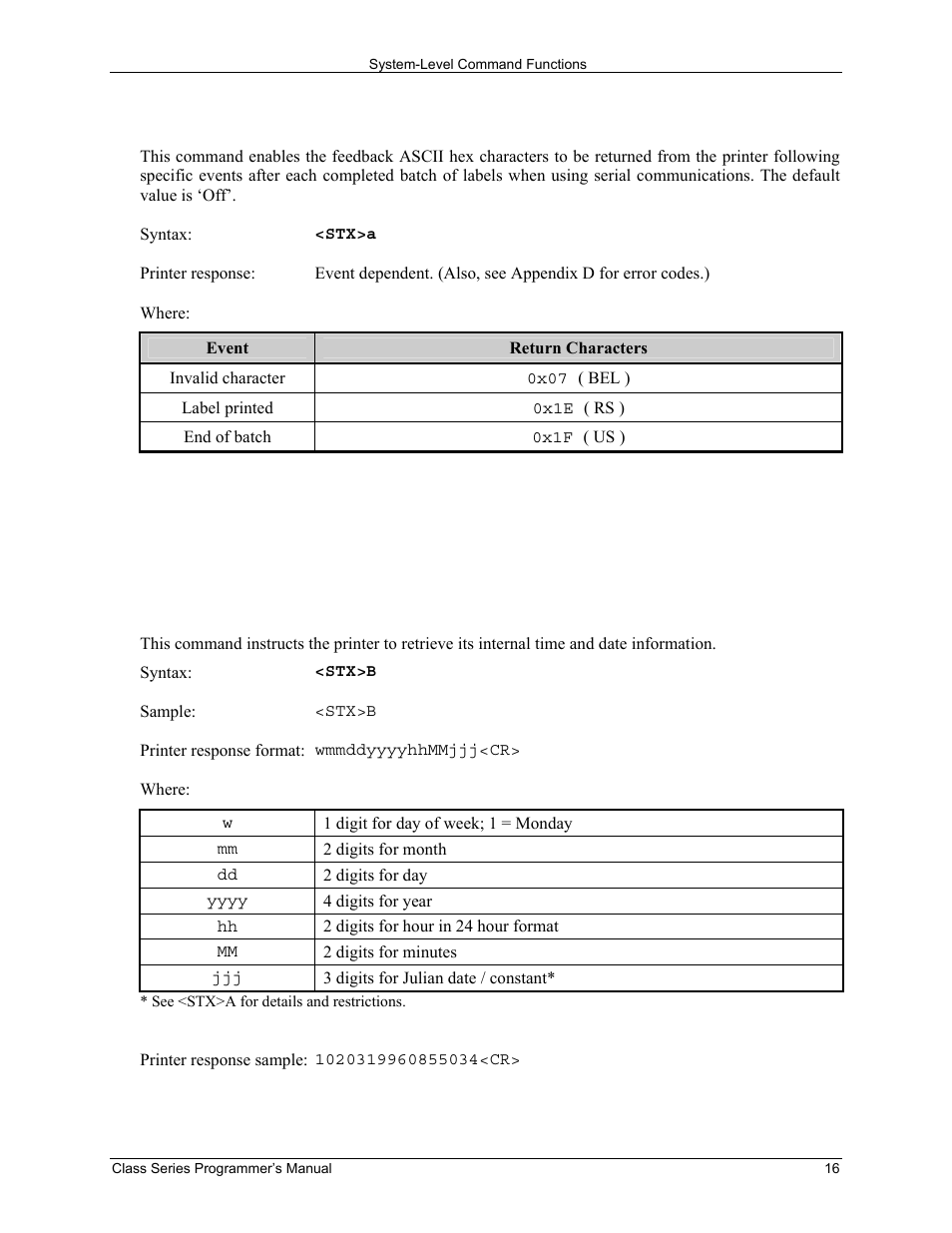 Stx a enable feedback characters, Stx b get printer time and date information | Datamax-O'Neil Class Series Programmer’s Manual User Manual | Page 30 / 300