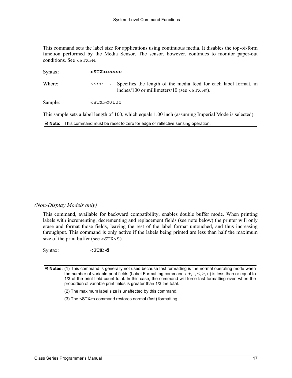 Stx c set continuous paper length, Stx d set double buffer mode | Datamax-O'Neil Class Series Programmer’s Manual User Manual | Page 31 / 300