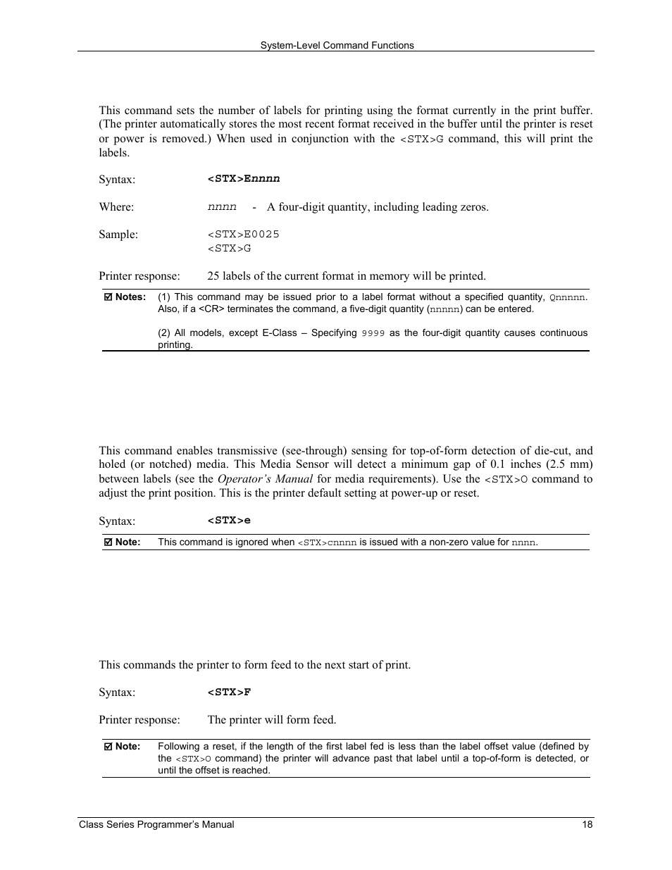 Stx e set quantity for stored label, Stx e select edge sensor, Stx f form feed | Datamax-O'Neil Class Series Programmer’s Manual User Manual | Page 32 / 300