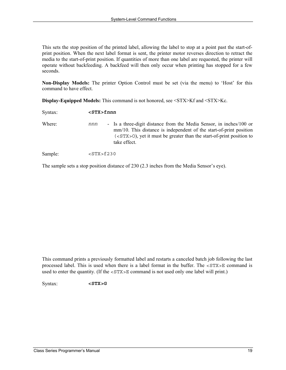 Stx f set form stop position (backfeed command), Stx g print last label format | Datamax-O'Neil Class Series Programmer’s Manual User Manual | Page 33 / 300