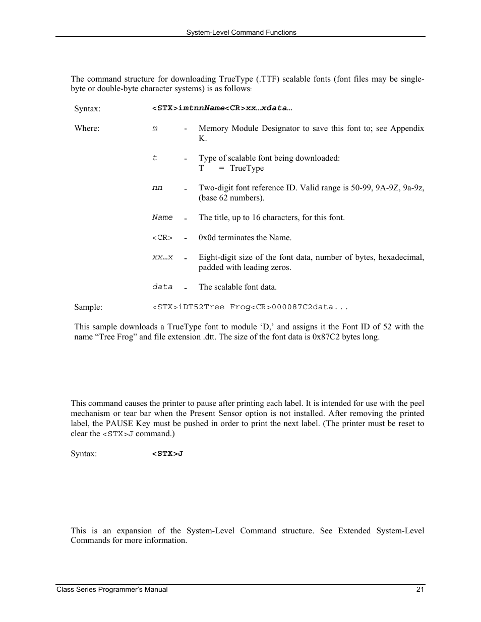 Stx i scalable font downloading, Stx j set pause for each label, Stx k extended system-level commands | Datamax-O'Neil Class Series Programmer’s Manual User Manual | Page 35 / 300
