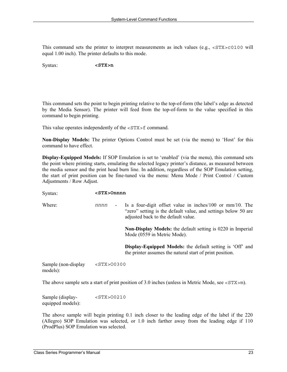 Stx n set printer to imperial mode, Stx o set start of print (sop) position | Datamax-O'Neil Class Series Programmer’s Manual User Manual | Page 37 / 300