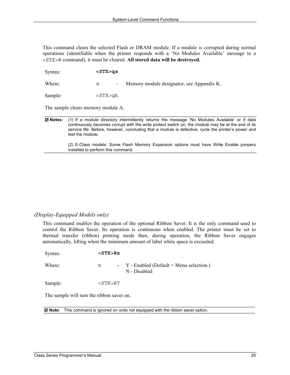 Stx q clear module, Stx r ribbon saver on/off | Datamax-O'Neil Class Series Programmer’s Manual User Manual | Page 39 / 300