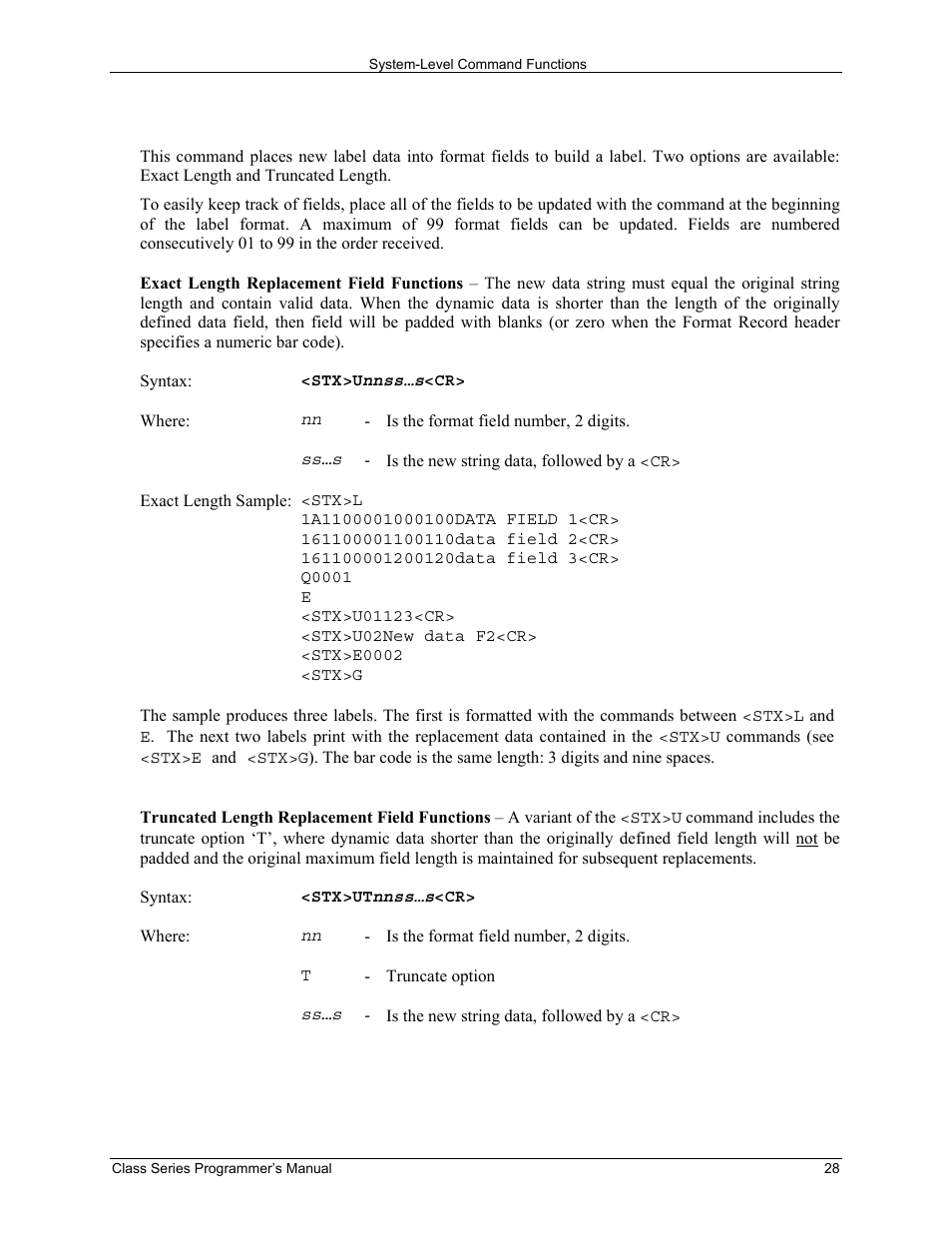 Stx u label format string replacement field | Datamax-O'Neil Class Series Programmer’s Manual User Manual | Page 42 / 300