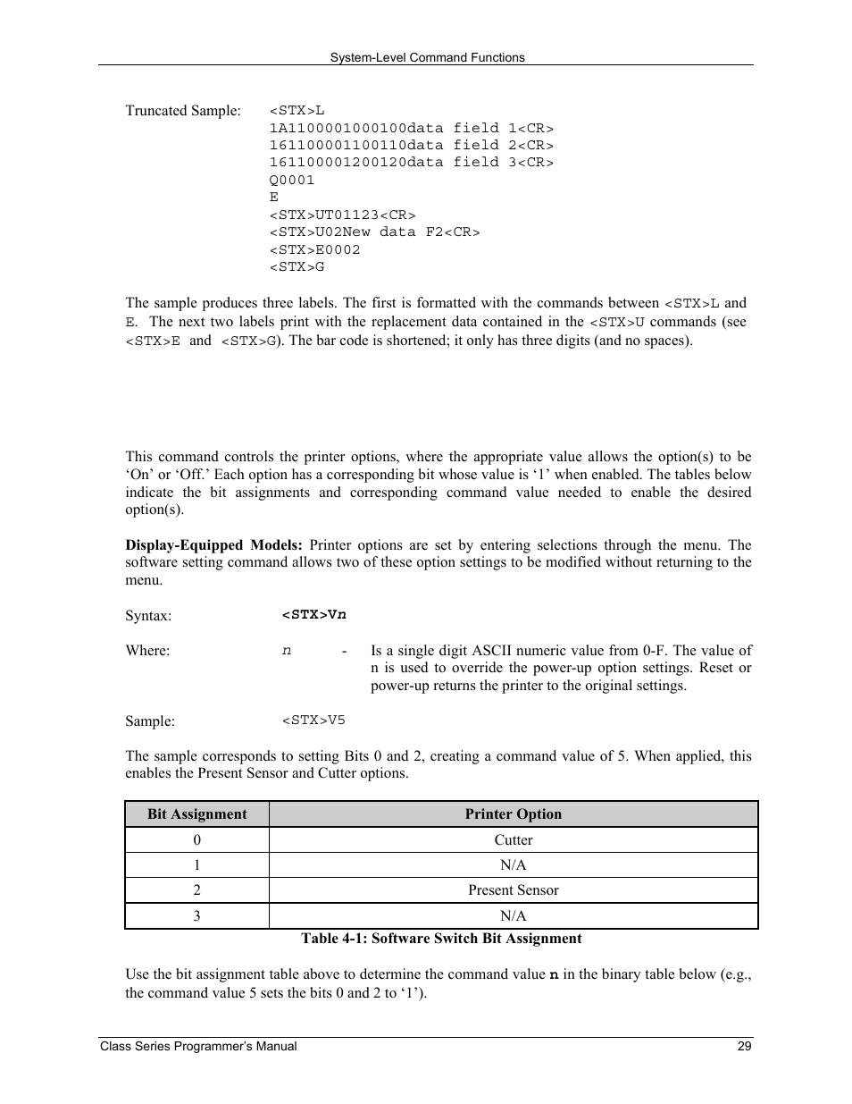 Stx v software switch settings | Datamax-O'Neil Class Series Programmer’s Manual User Manual | Page 43 / 300