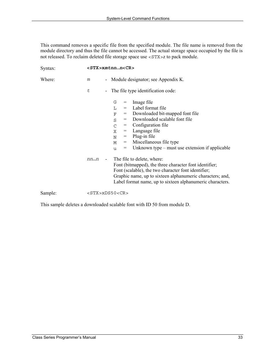 Stx x delete file from module | Datamax-O'Neil Class Series Programmer’s Manual User Manual | Page 47 / 300