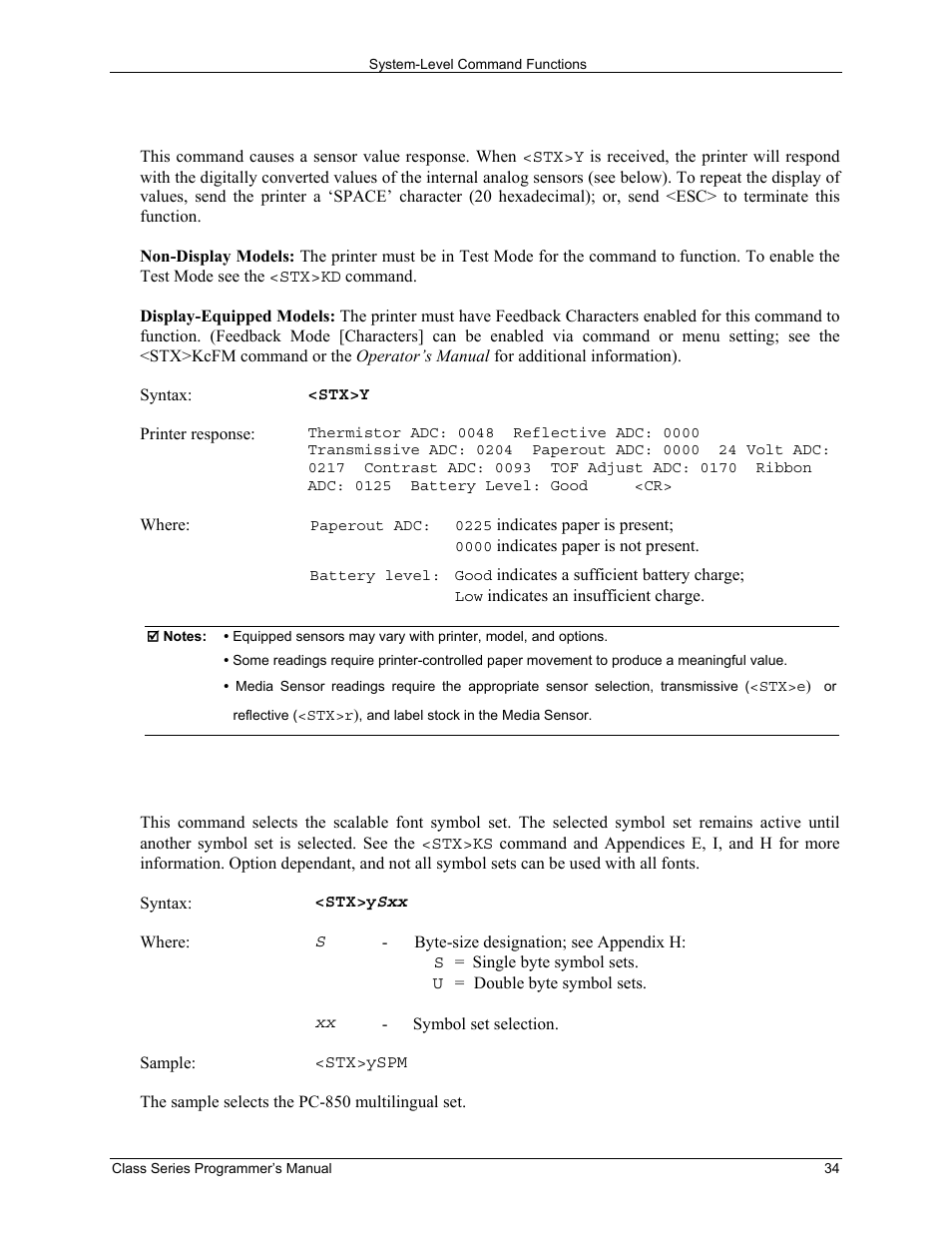 Stx y output sensor values, Stx y select font symbol set | Datamax-O'Neil Class Series Programmer’s Manual User Manual | Page 48 / 300