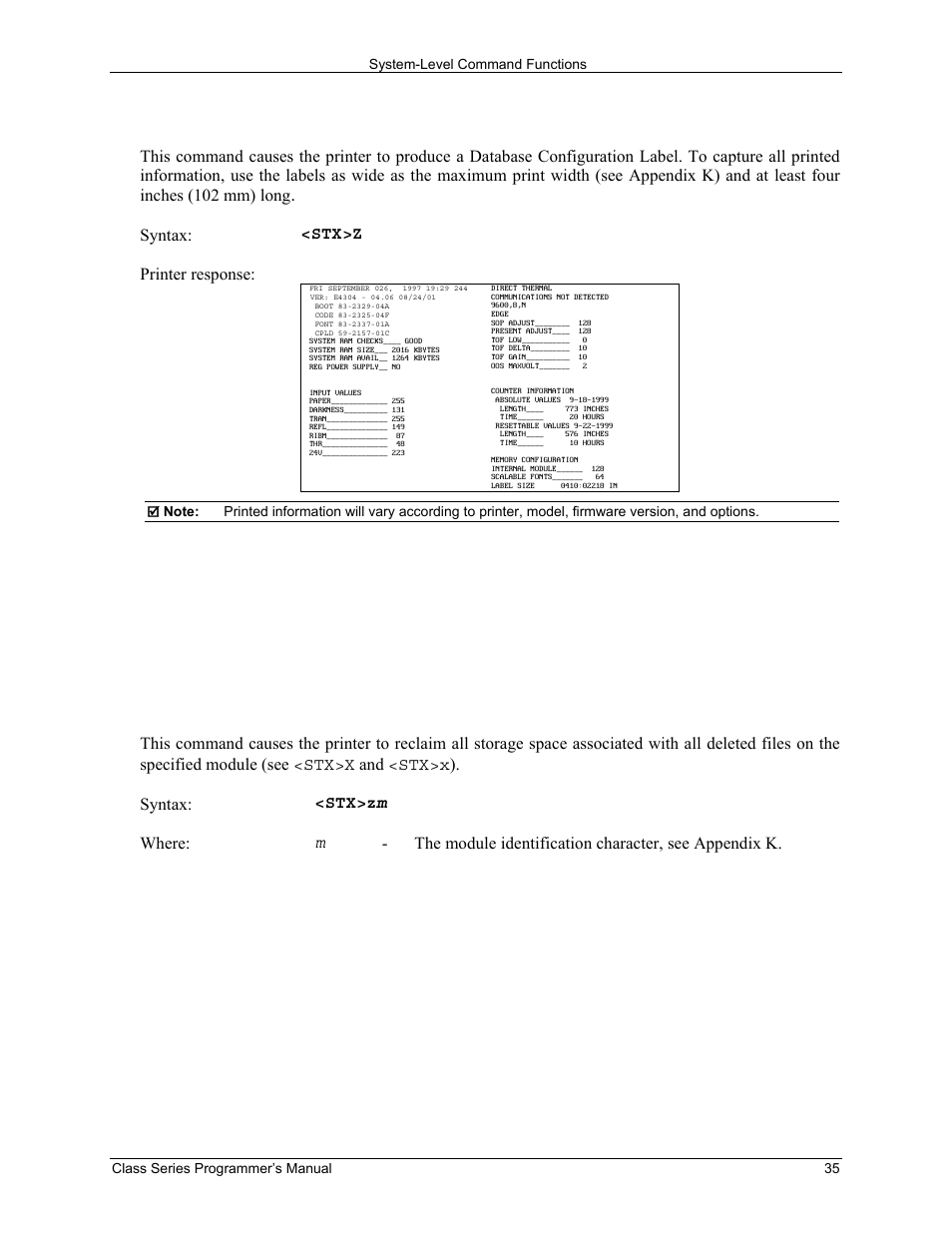 Stx z print configuration label, Stx z pack module | Datamax-O'Neil Class Series Programmer’s Manual User Manual | Page 49 / 300