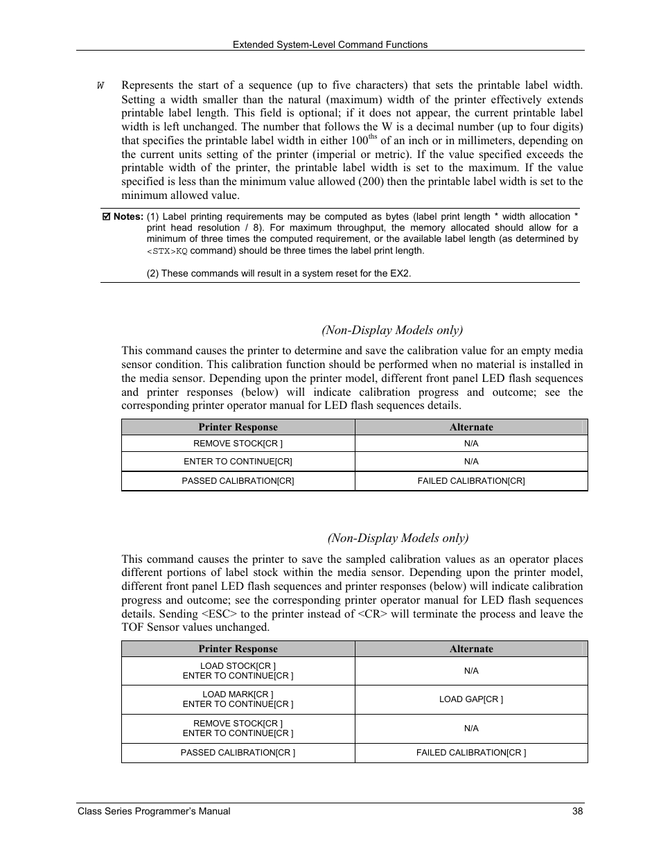 Stx k}e empty sensor calibration, Stx k}m manual media calibration, Non-display models only) | Datamax-O'Neil Class Series Programmer’s Manual User Manual | Page 52 / 300