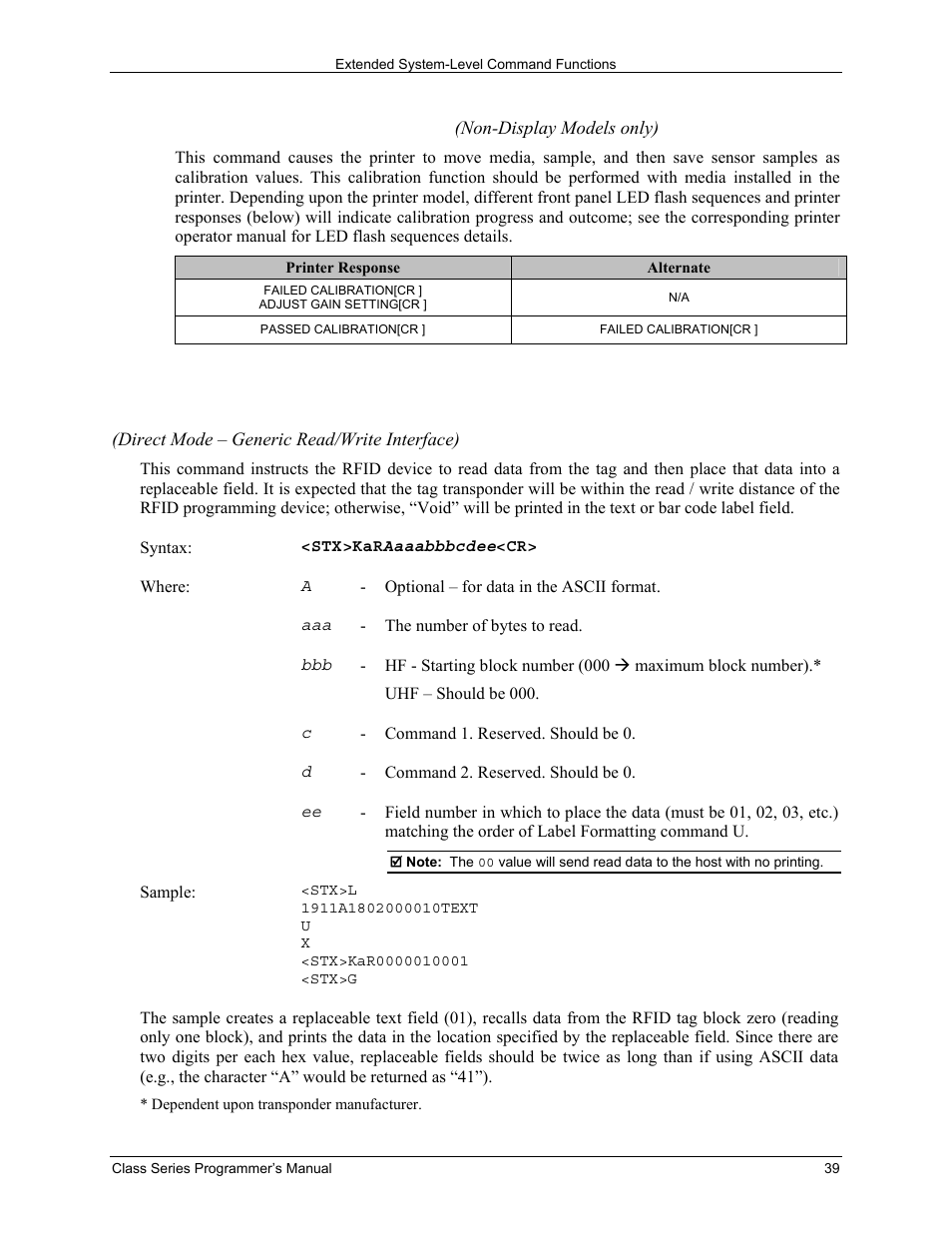 Stx k}q quick media calibration, Stx kar read data from rfid tag | Datamax-O'Neil Class Series Programmer’s Manual User Manual | Page 53 / 300