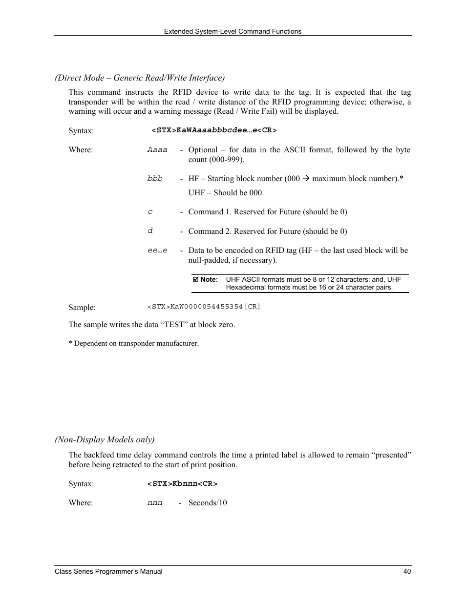 Stx kaw write data to rfid tag, Stx kb backfeed time delay | Datamax-O'Neil Class Series Programmer’s Manual User Manual | Page 54 / 300