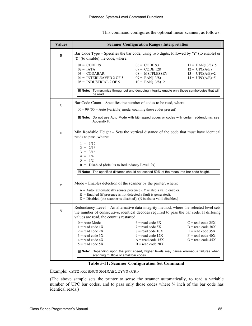Table 5-11: scanner configuration set command | Datamax-O'Neil Class Series Programmer’s Manual User Manual | Page 99 / 300