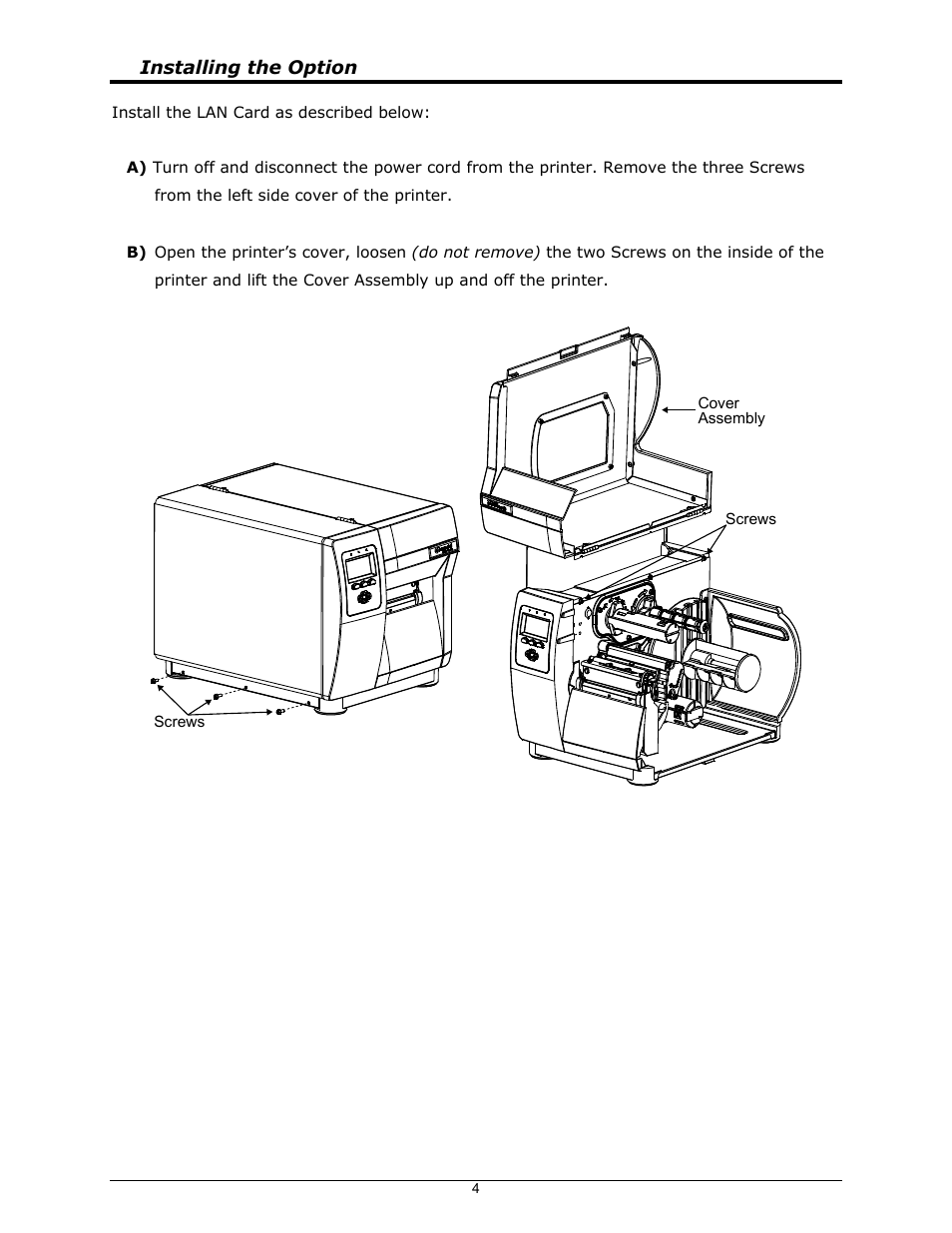 Installing the option | Datamax-O'Neil I-Class Mark II Wired_Wireless LAN Option User Manual | Page 4 / 10