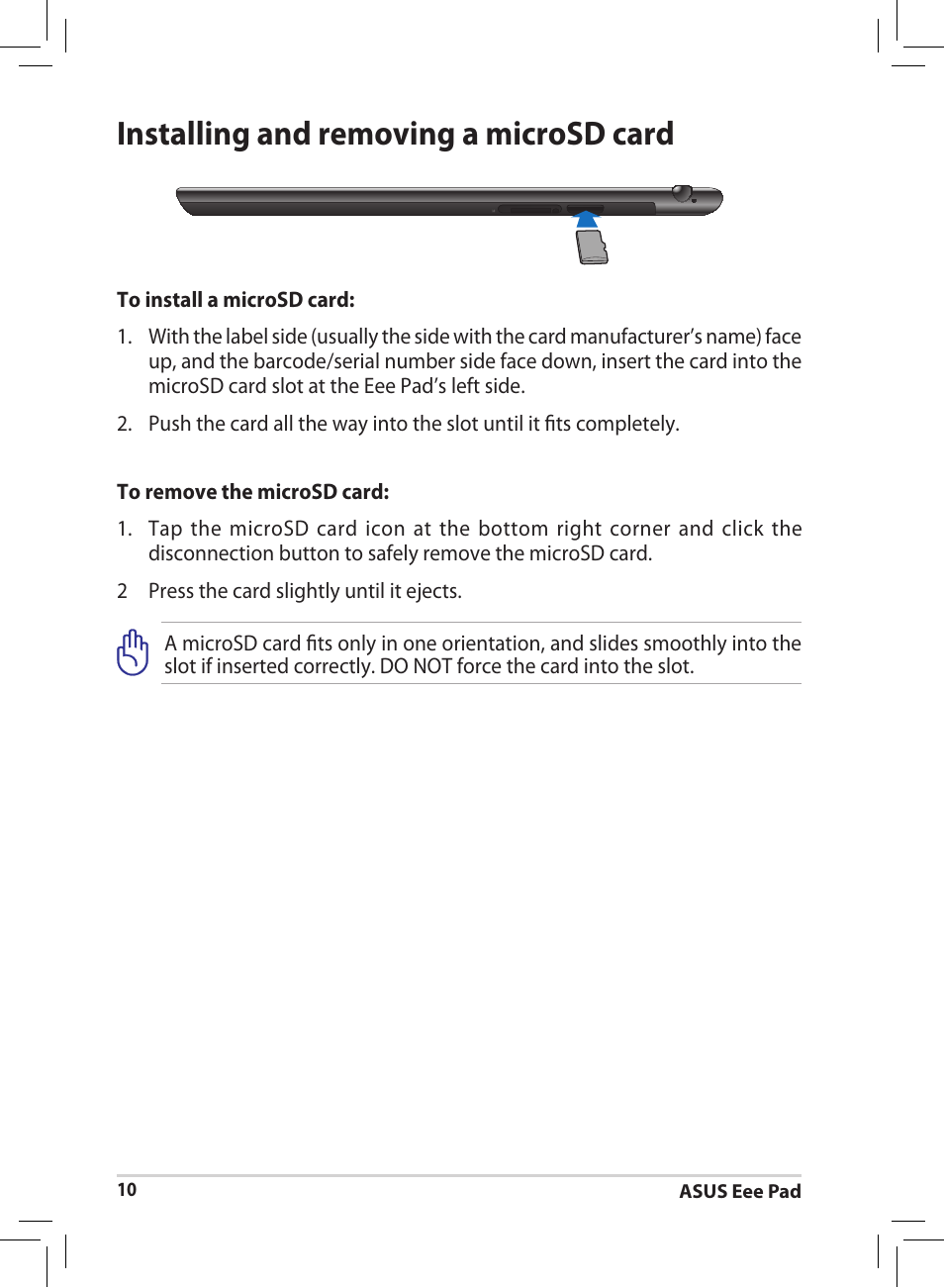 Installing and removing a microsd card | Asus Eee Pad MeMO 171 User Manual | Page 10 / 26