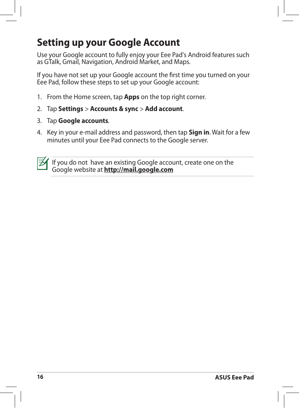 Setting up your google account | Asus Eee Pad MeMO 171 User Manual | Page 16 / 26