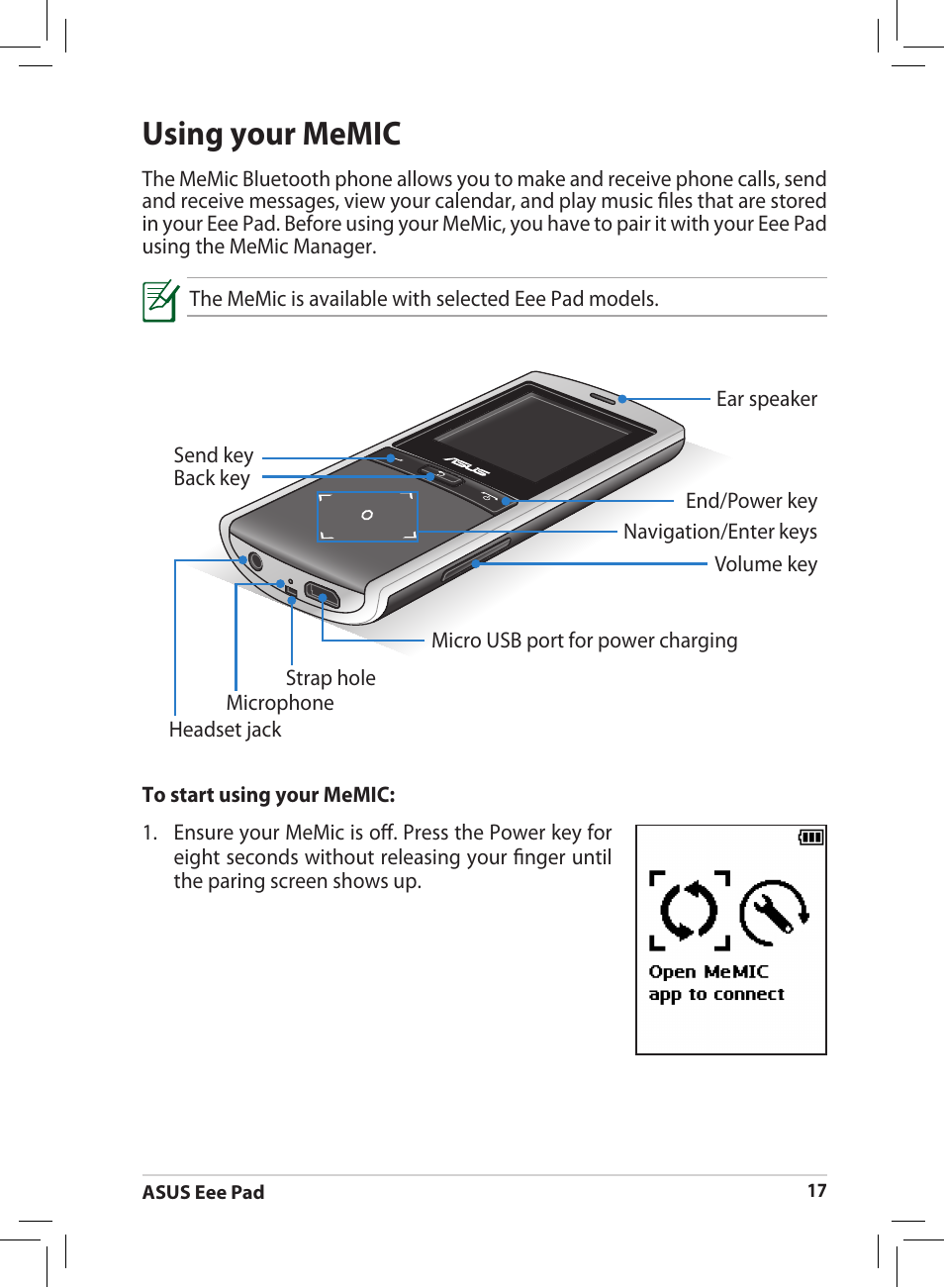 Using your memic | Asus Eee Pad MeMO 171 User Manual | Page 17 / 26