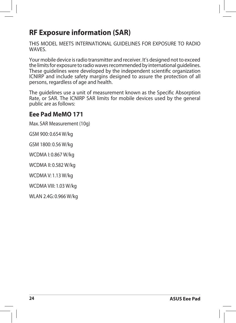 Rf exposure information (sar) | Asus Eee Pad MeMO 171 User Manual | Page 24 / 26