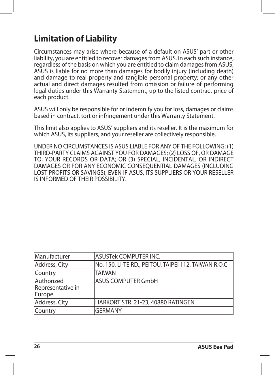 Limitation of liability | Asus Eee Pad MeMO 171 User Manual | Page 26 / 26