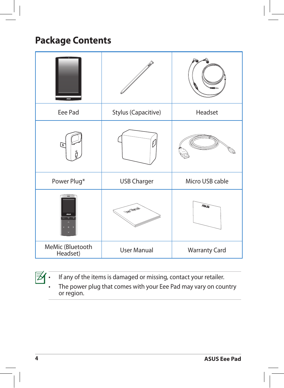 Package contents | Asus Eee Pad MeMO 171 User Manual | Page 4 / 26