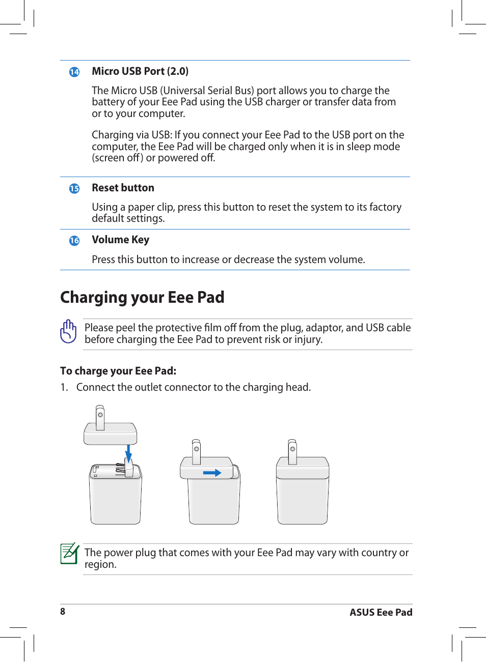 Charging your eee pad | Asus Eee Pad MeMO 171 User Manual | Page 8 / 26