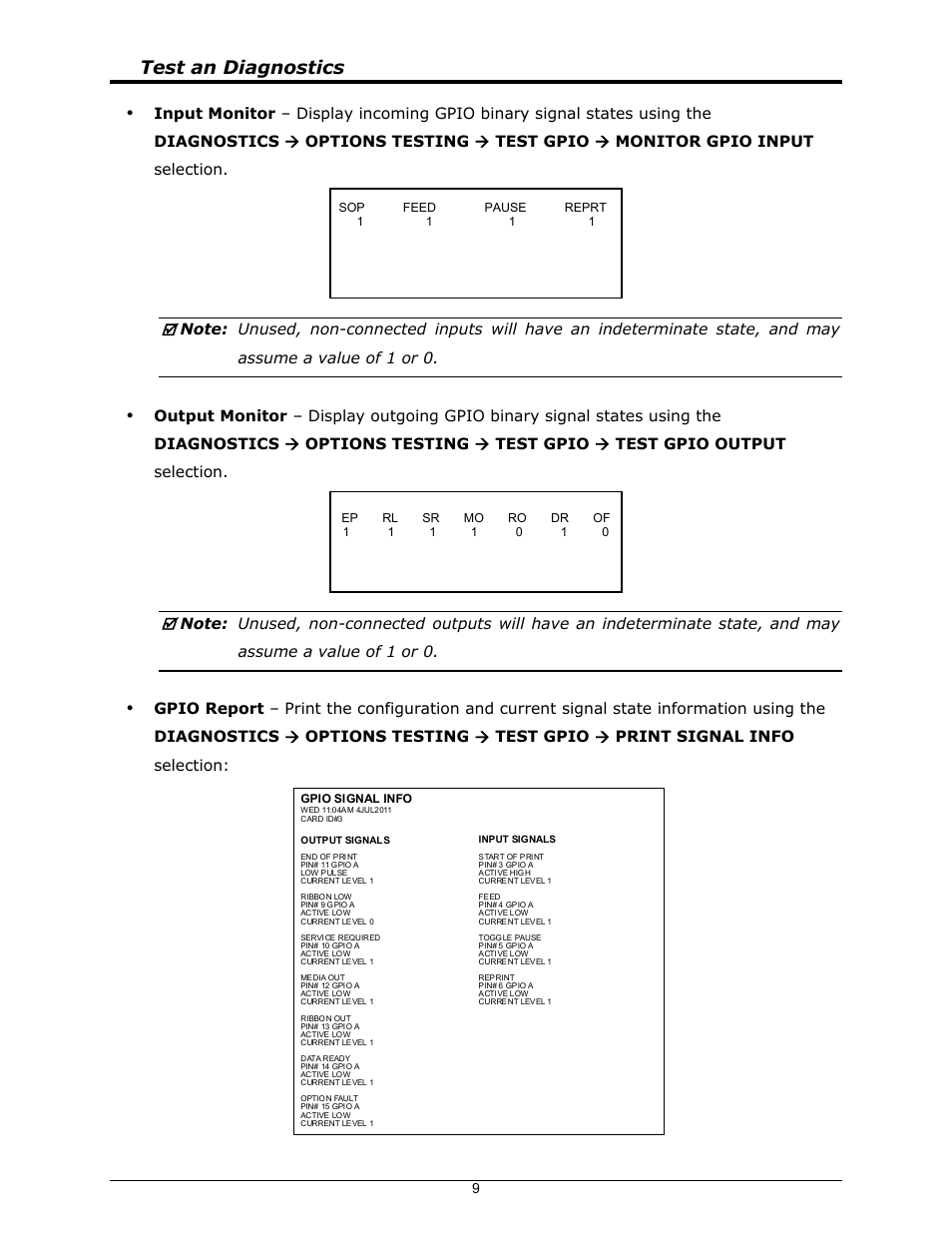 Test an diagnostics | Datamax-O'Neil I-Class Mark II GPIO Option User Manual | Page 11 / 12