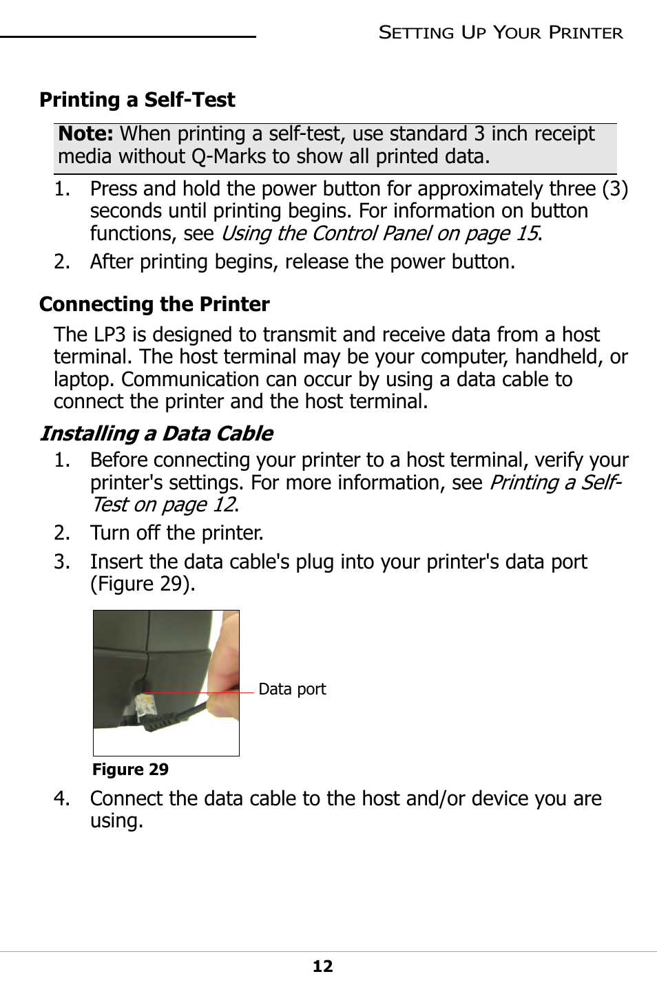 Printing a self-test, Connecting the printer, Installing a data cable | Datamax-O'Neil LP3 LABEL PRINTER User Guide User Manual | Page 15 / 28