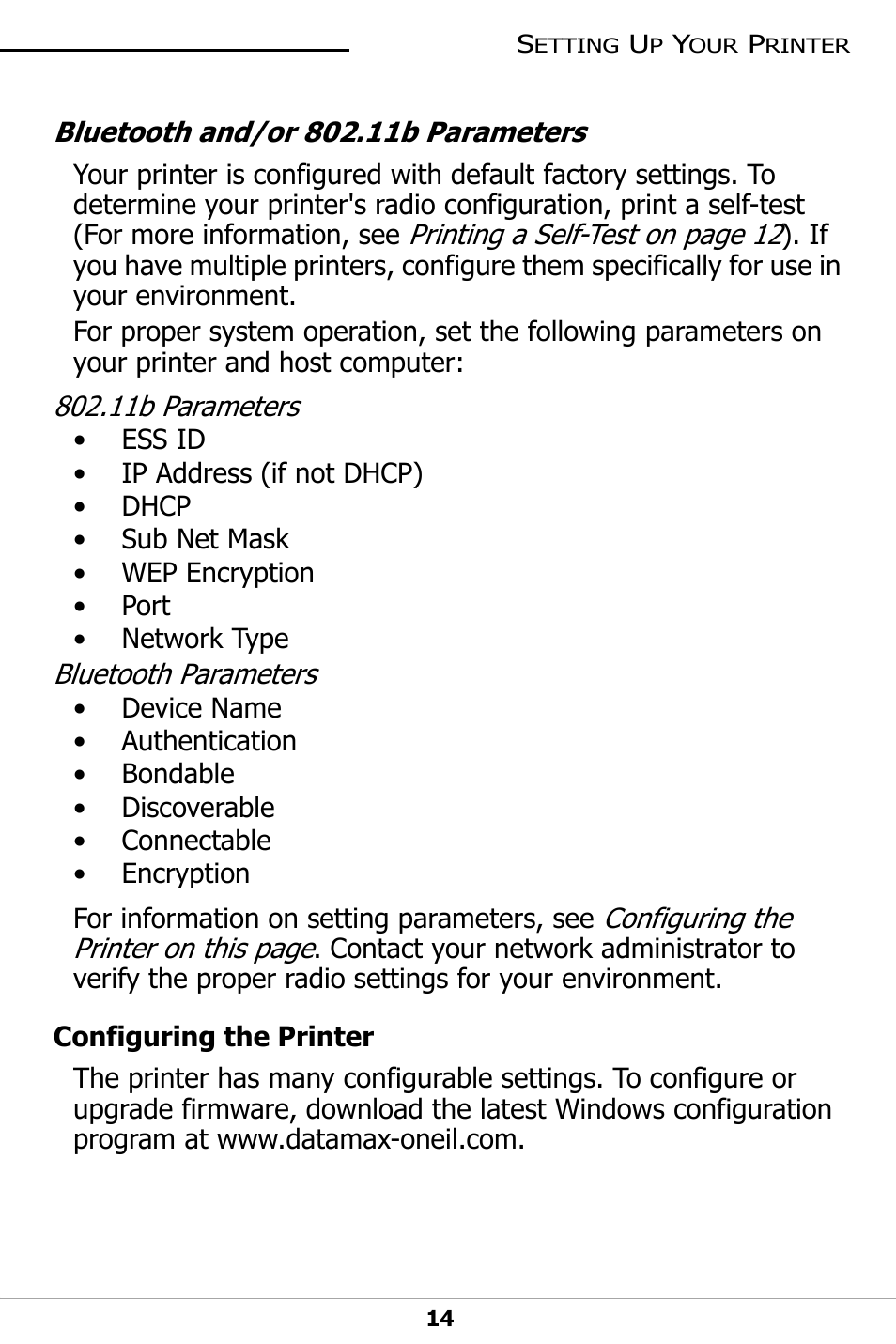 Configuring the printer, Bluetooth and/or 802.11, Configuring the printer on | Datamax-O'Neil LP3 LABEL PRINTER User Guide User Manual | Page 17 / 28