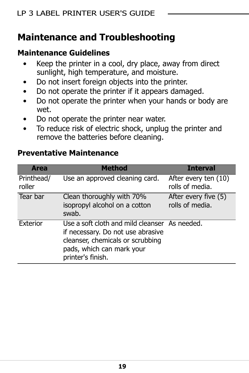 Maintenance and troubleshooting, Maintenance guidelines, Preventative maintenance | Datamax-O'Neil LP3 LABEL PRINTER User Guide User Manual | Page 22 / 28