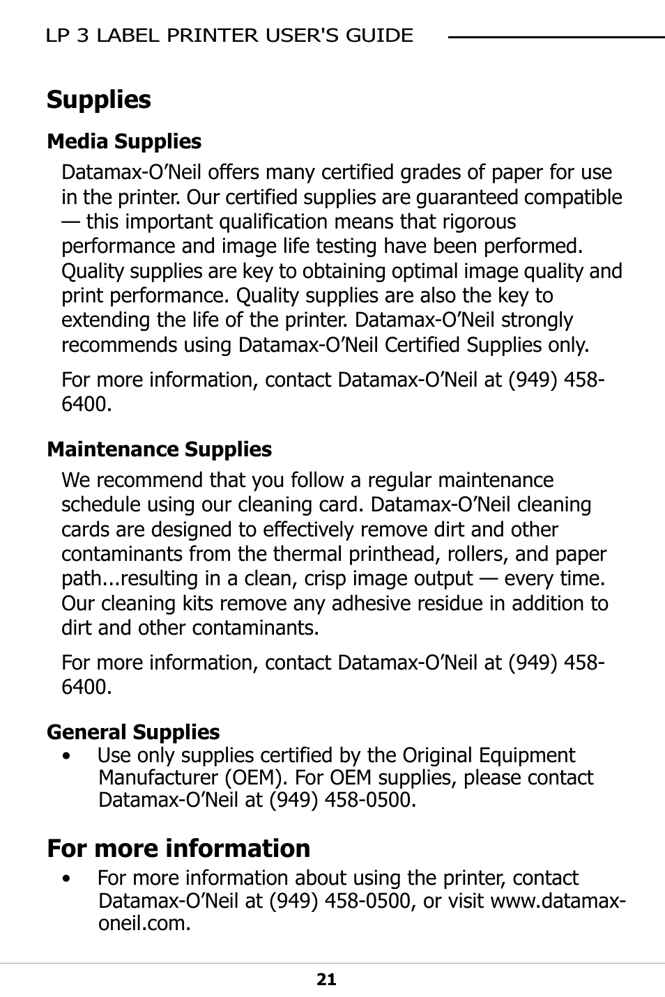 Supplies, For more information | Datamax-O'Neil LP3 LABEL PRINTER User Guide User Manual | Page 24 / 28