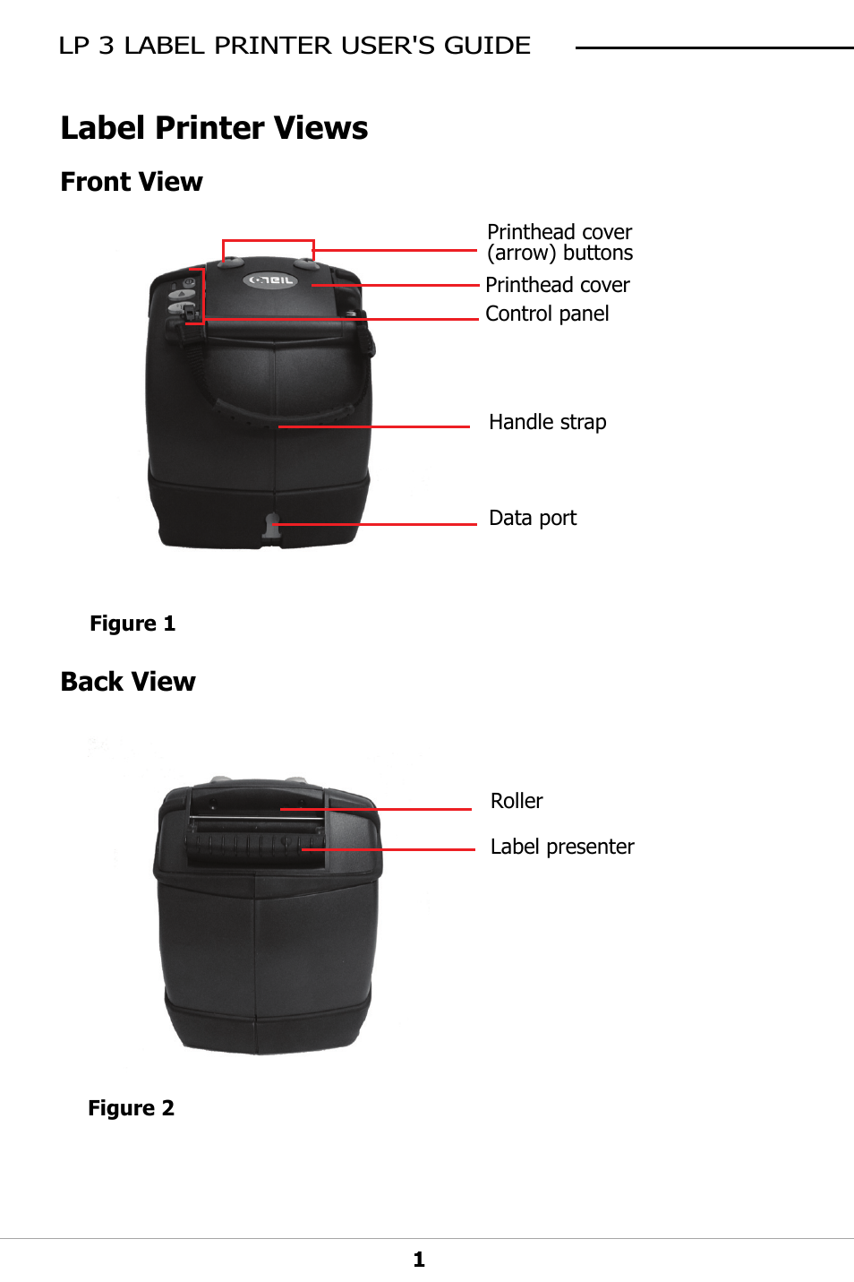 Label printer views, Front view, Back view | Front view back view | Datamax-O'Neil LP3 LABEL PRINTER User Guide User Manual | Page 4 / 28