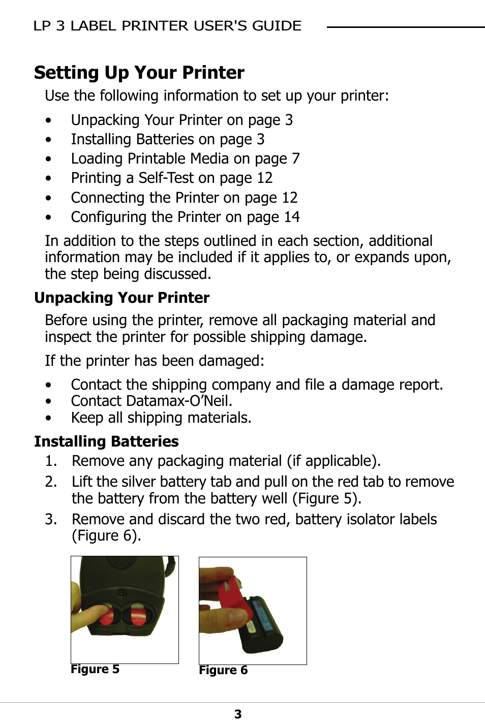 Setting up your printer, Unpacking your printer, Installing batteries | Datamax-O'Neil LP3 LABEL PRINTER User Guide User Manual | Page 6 / 28