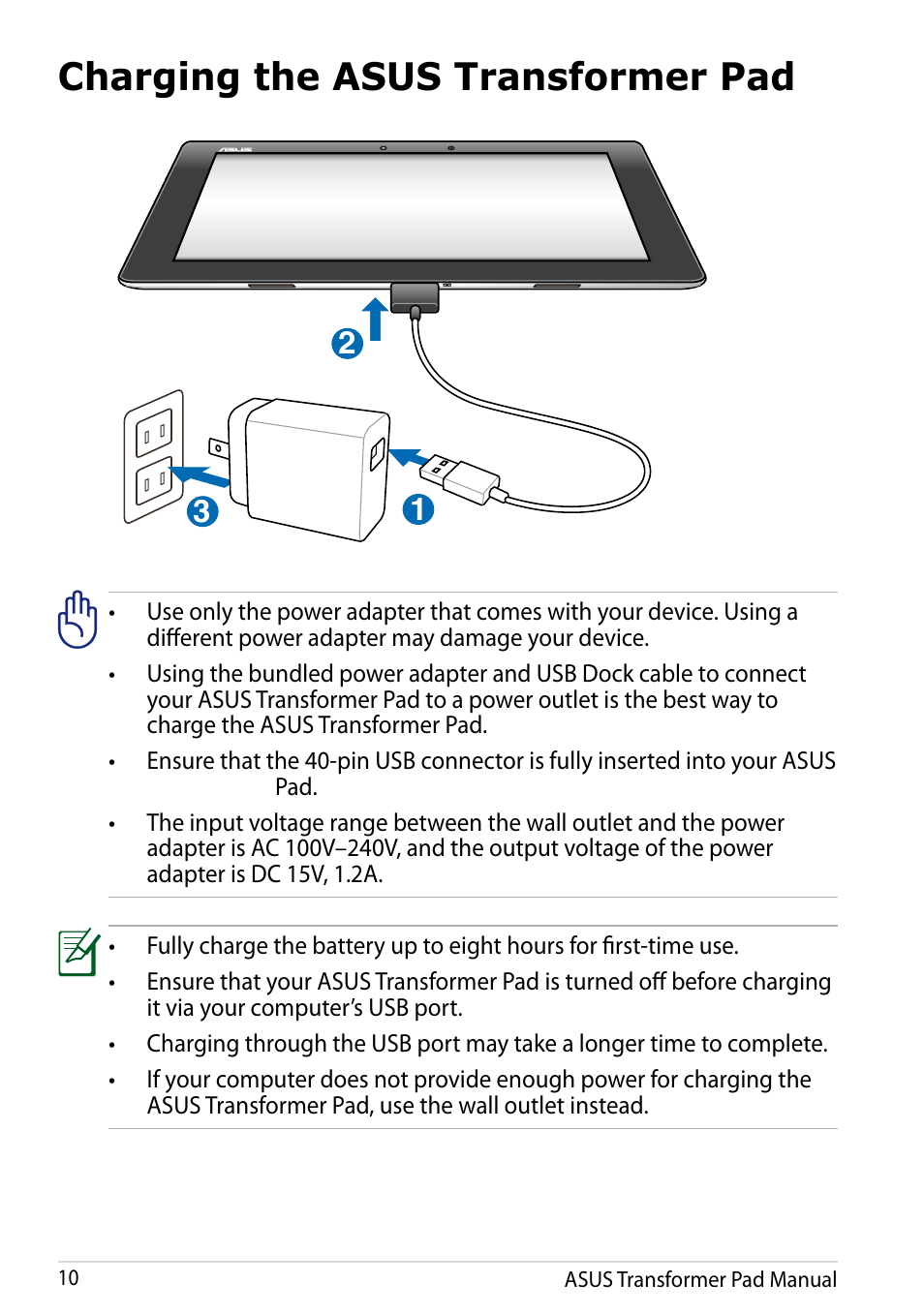 Charging the asus transformer pad | Asus Transformer Pad Infinity TF700T User Manual | Page 10 / 89